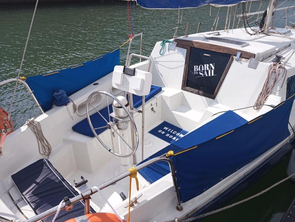 Lisbon Cosy Boat في لشبونة: القارب الأزرق والأبيض في الماء