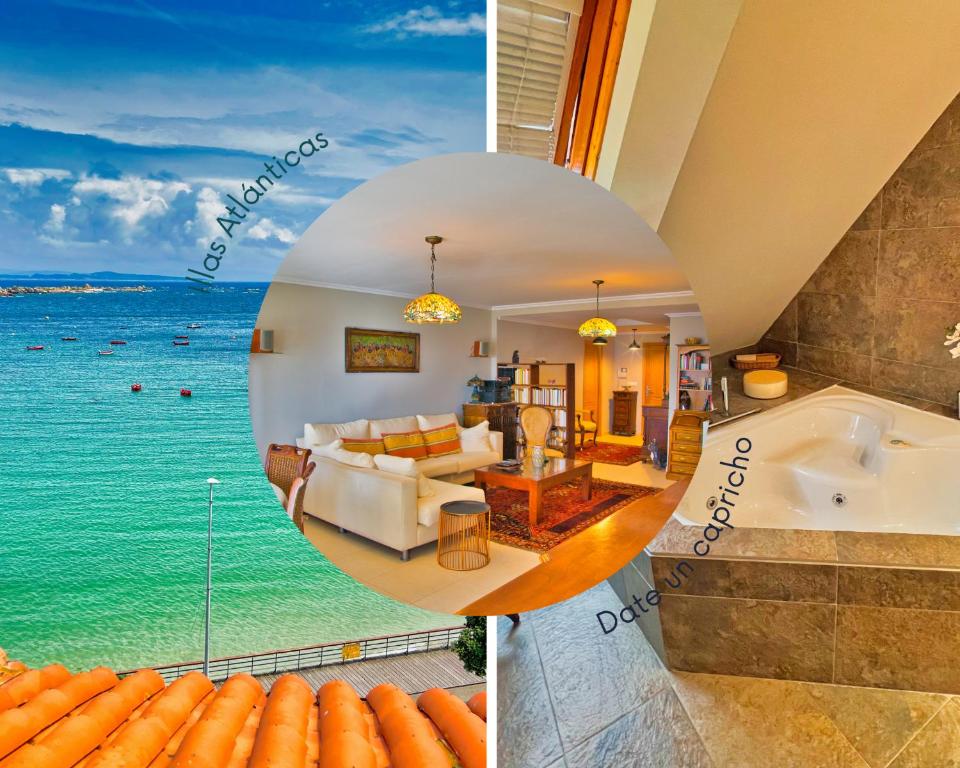 un collage de deux photos d'une maison avec l'océan dans l'établissement Illas Atlánticas, à Ribeira