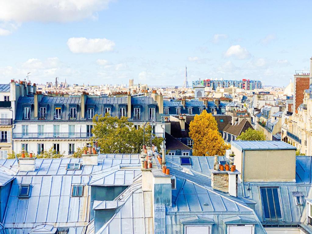 une vue sur une ville aux toits et bâtiments bleus dans l'établissement Amazing View in paris - Best area, à Paris