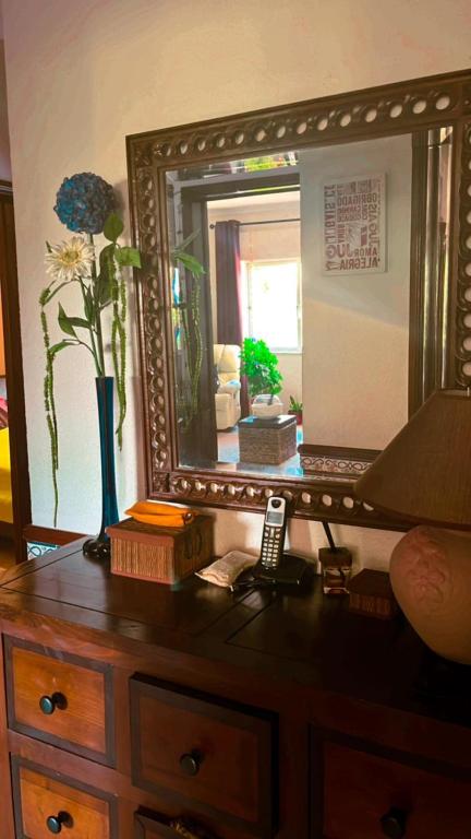 Apartamento com boa localização e Conforto في بوفوا دي سانتا إيريا: خزانة ملابس مع مرآة وهاتف عليها