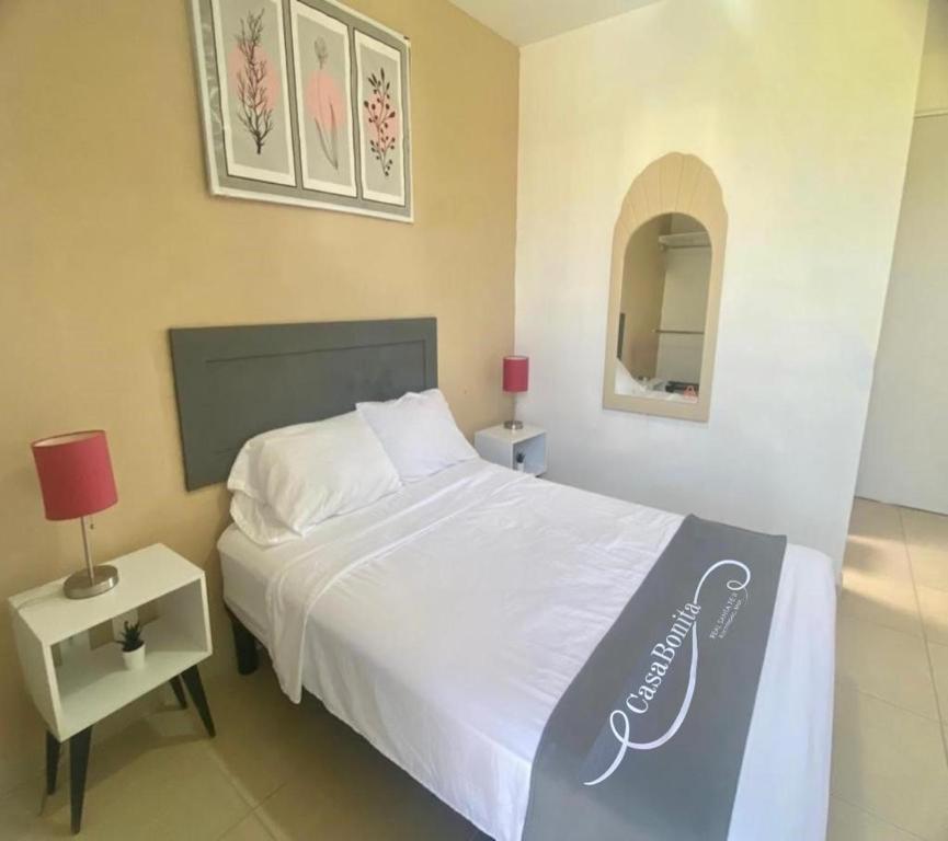 Alpuyecaにある"Casa Bonita" fte alberca, AirAcのベッドルーム(大きな白いベッド1台、鏡付)