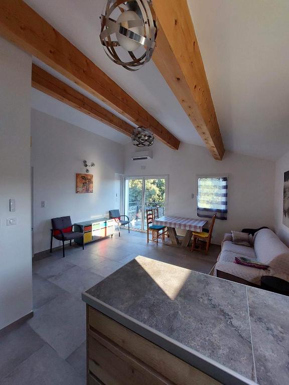 une cuisine et un salon avec un canapé et une table dans l'établissement Appartement 50m2 au cœur de sussargues, à Sussargues