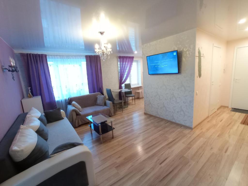 a living room with a couch and a tv on a wall at Energia 2 Apartment in the city center in Narva