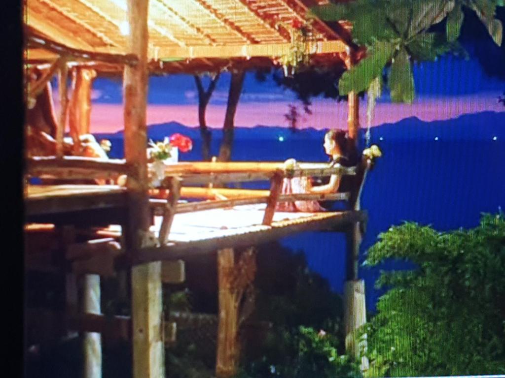 昌岛Littleduck bungalow Koh Chang Ranong的坐在树屋椅子上的女人