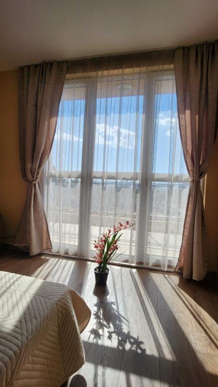 a bedroom with a large window with a vase of flowers at Budget overnight- Struma highway in Pernik