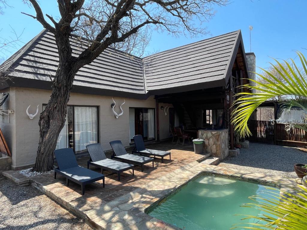 a house with a pool and chairs and a tree at The Cheetah Rest in Hoedspruit