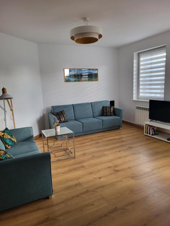 ein Wohnzimmer mit einem blauen Sofa und einem TV in der Unterkunft Apartament Jezioro w sercu Ostródy in Ostróda