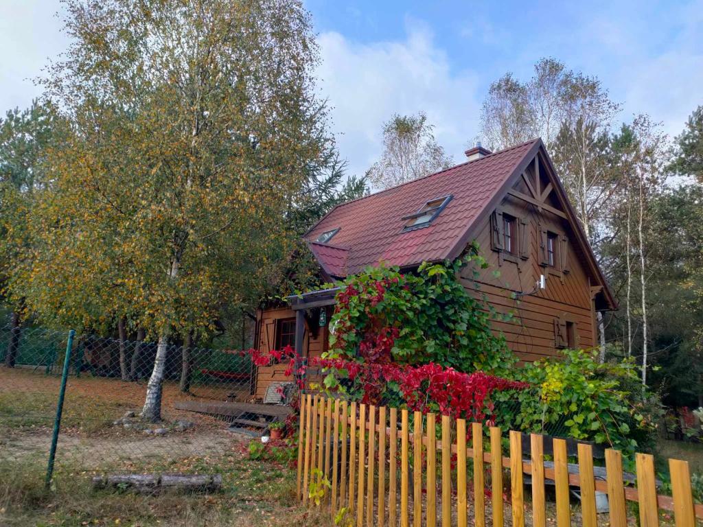 une petite maison avec une clôture devant elle dans l'établissement Dom WIESIA Kaszuby do 8 os., à Olpuch