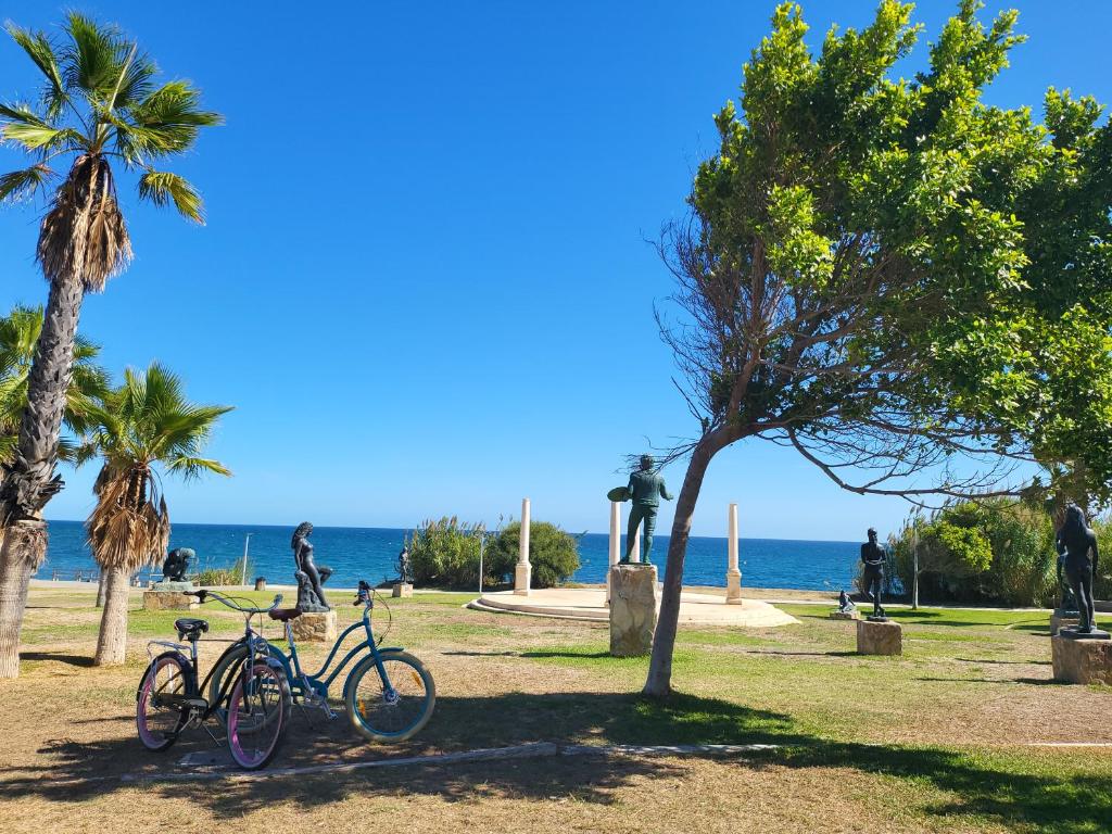 dwa rowery zaparkowane w parku nad oceanem w obiekcie Beach Apartments Old Town II w mieście Estepona