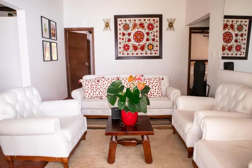 una sala de estar con sofás blancos y una mesa con una planta en Soare Country house, en Zipaquirá