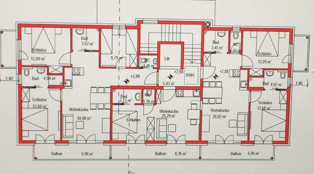 a floor plan of a house with red piping at Apart Alpenglüh´n in Spiss