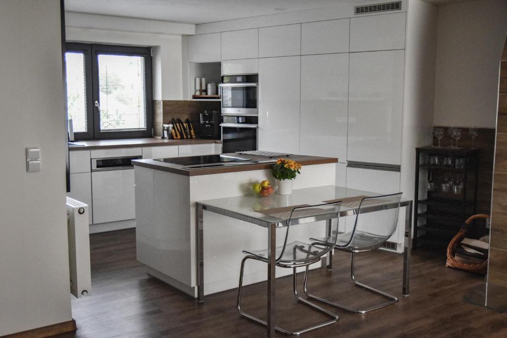 a kitchen with a table and some chairs in it at Apartmán Boženy Němcové in Polná