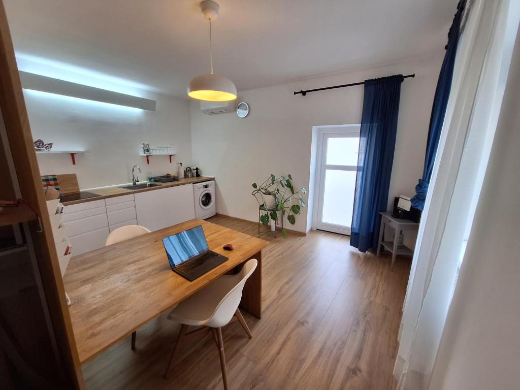 cocina y comedor con mesa de madera y sillas en Flataid Apartment Elisabethinergasse, en Graz