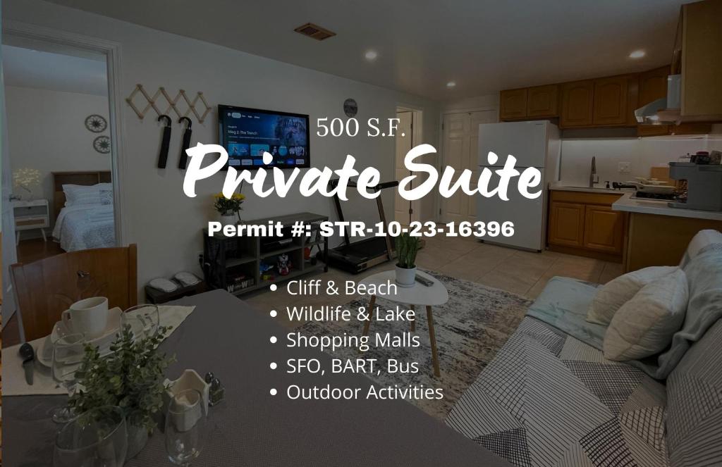 a sign for a private suite in a living room at 9AM Check-in Coastal Getaway - Luxe Suite near Cliff, Lake & Local Shops in Daly City