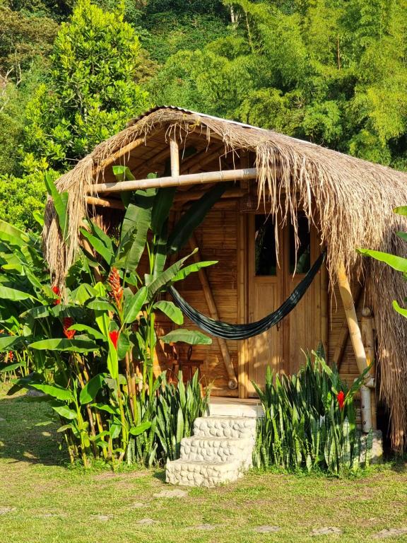 une petite cabane avec un toit de chaume et un escalier dans l'établissement Pradera Ecoliving, à Betania