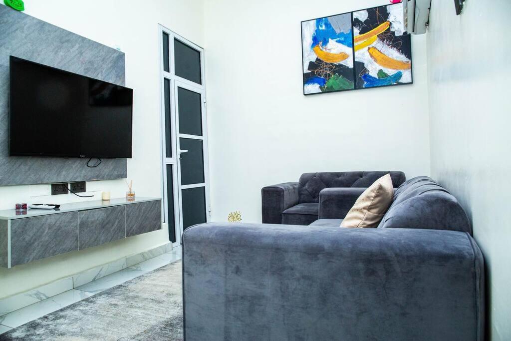 Sala de estar con 2 sofás y TV en RR Apartment: White Terrace (Four-bedroom), en Ikeja