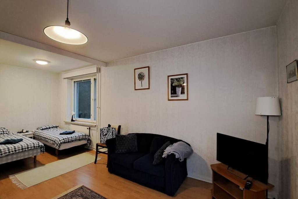 ein Wohnzimmer mit einem Sofa und einem TV in der Unterkunft Yksiö lähellä Himosta. in Jämsä