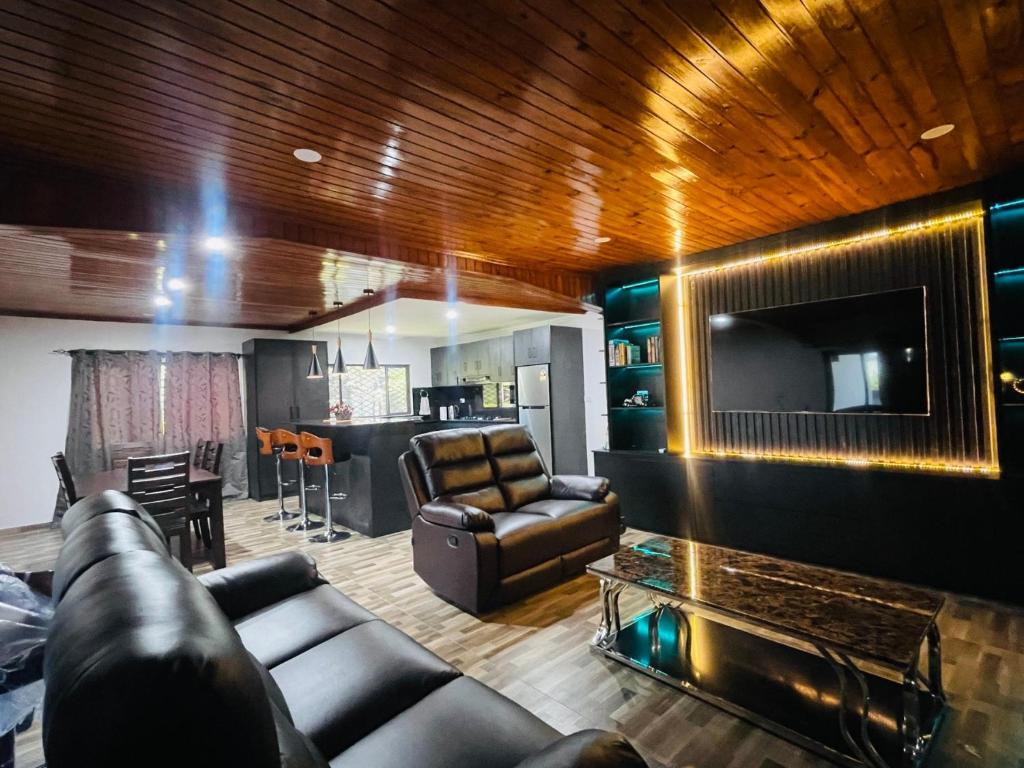 ein Wohnzimmer mit einem Sofa und einem Flachbild-TV in der Unterkunft Blissful Calm in Nadi