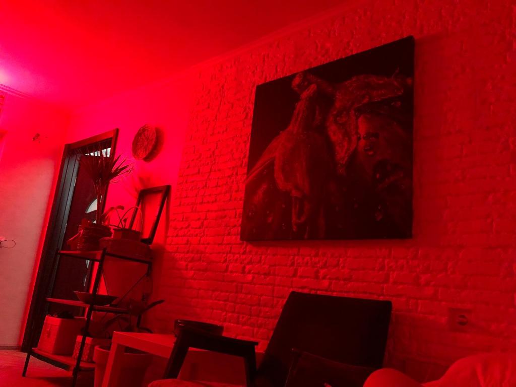 Cette chambre rouge est dotée d'un mur en briques avec une photo sur le mur. dans l'établissement Ritsa apartment, à Tbilissi