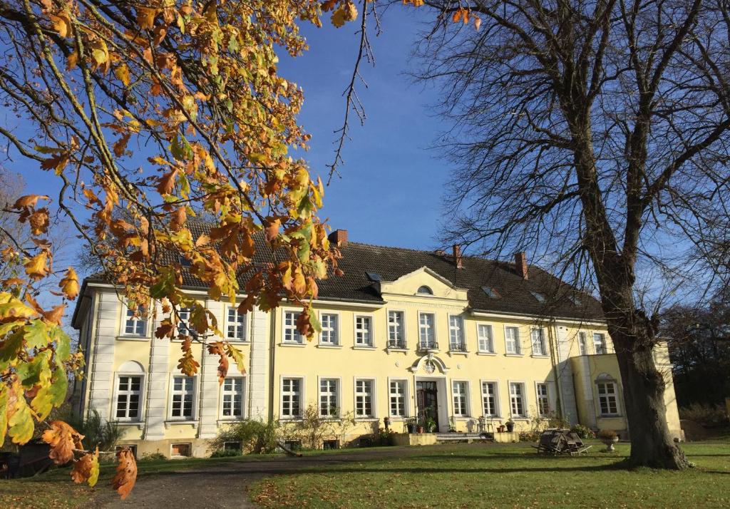 a large white house with a tree in the foreground at Gut Manderow an der Ostsee in Hohenkirchen