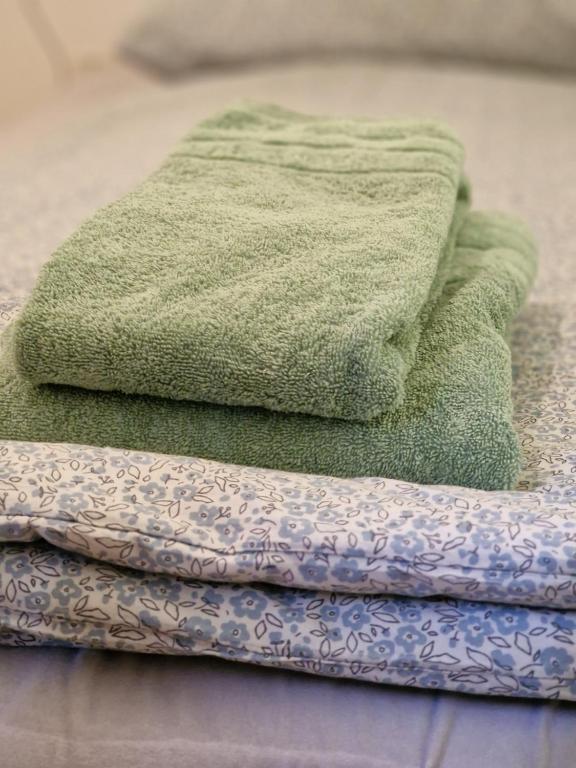 una pila de toallas sentadas en el suelo en Casa Maria Apartments, en Solothurn