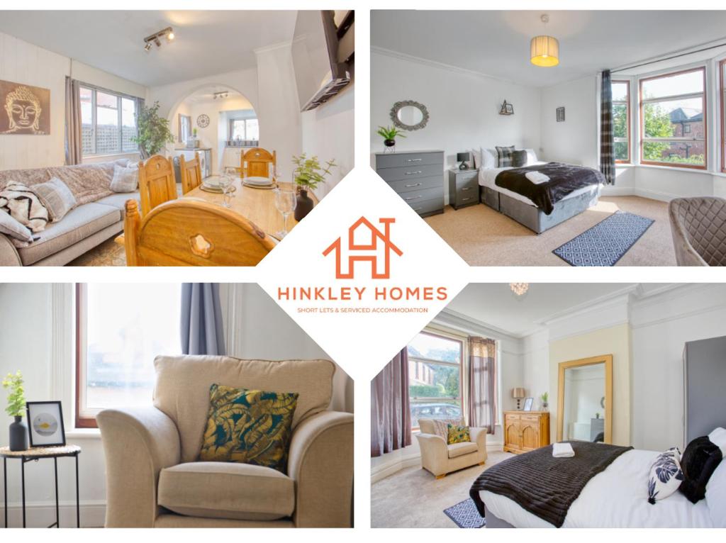 eine Collage mit vier Bildern eines Wohnzimmers in der Unterkunft Bridgwater Bliss: 6-Bedroom Haven for Large Groups in Bridgwater