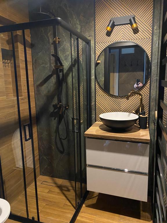 a bathroom with a sink and a mirror at Apartament Zielona Przystań Kluszkowce - 1 km od VELO CZORSZTYN I CZORSZTYNSKI!!! in Kluszkowce