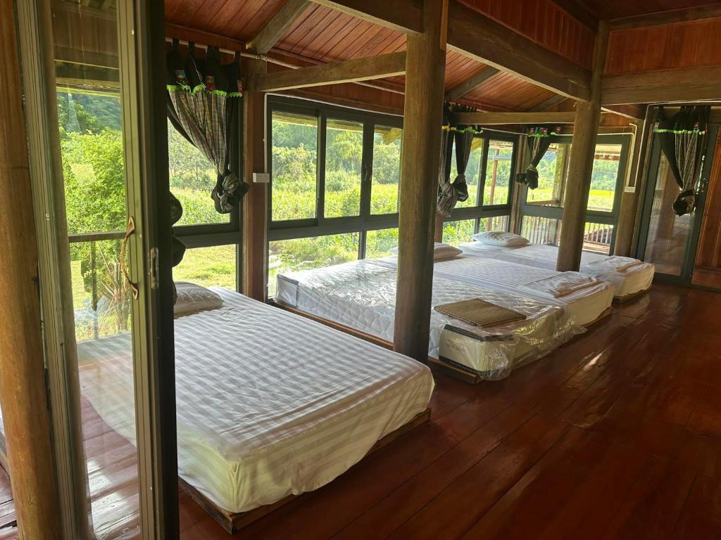 Un grupo de 4 camas en una habitación con ventanas en Ba Bể Hada Homestay, en Ba Be18