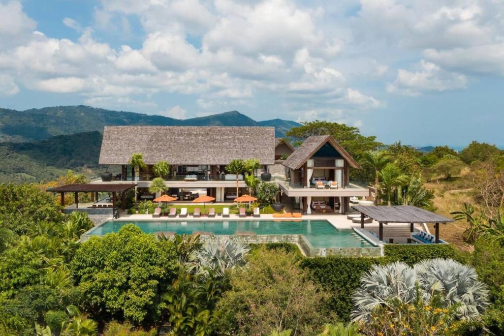 an aerial view of a house with a swimming pool at Panacea Retreat in Bophut 