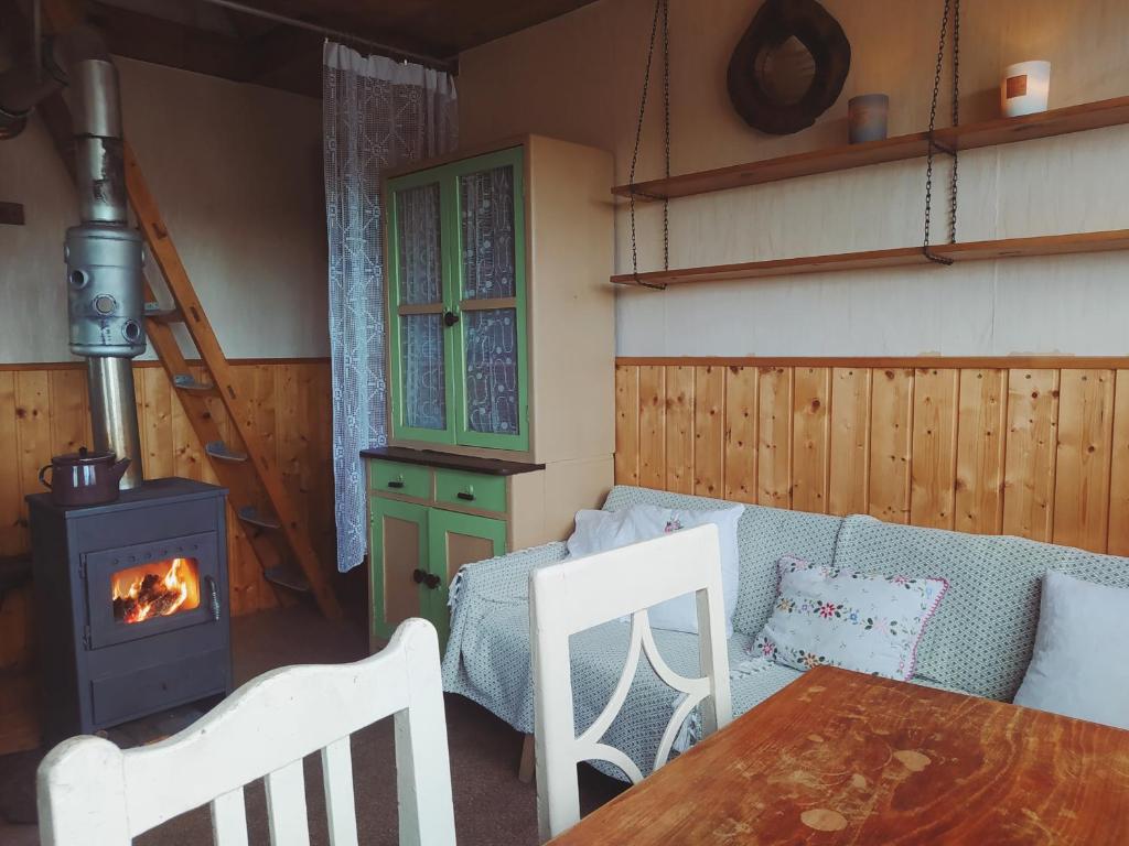 a living room with a fireplace and a couch and a stove at Chatka u Vladimíra in Ústí nad Orlicí