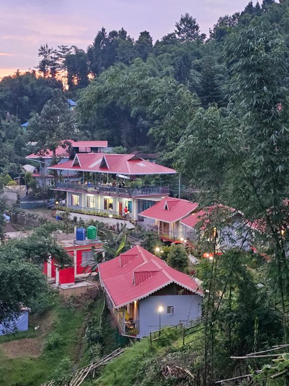 un groupe de maisons au toit rouge sur une colline dans l'établissement Godhuli Eco Stay, à Kalimpong