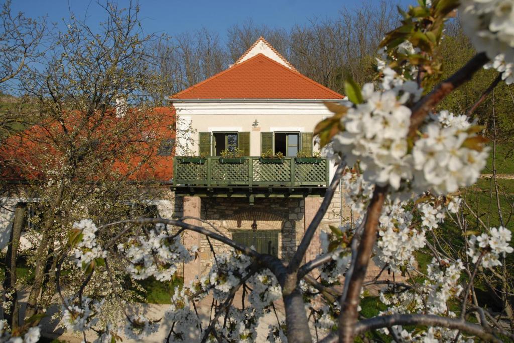 uma casa com uma varanda com flores brancas em Sárga Ház em Káptalantóti