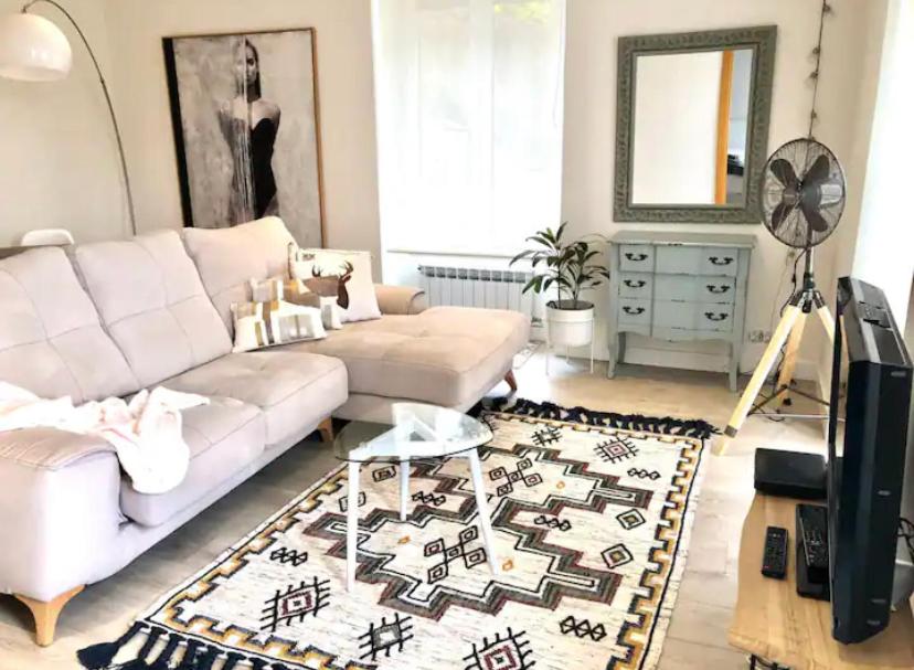 sala de estar con sofá blanco y alfombra en Lovely port apártement, en San Sebastián