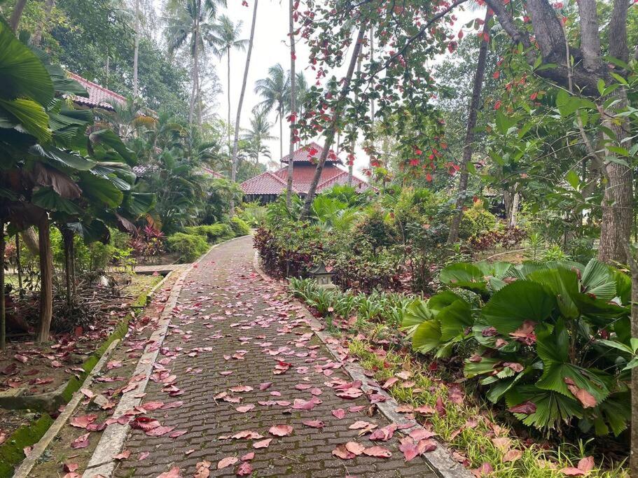 un camino en un jardín con hojas en el suelo en Bamboo Forest Beach Villa, Nongsa, en Telukmataikan