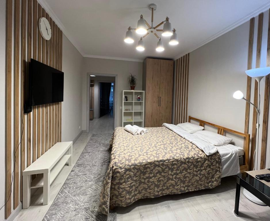 een slaapkamer met een bed en een flatscreen-tv bij Nurly Zhol apartment in Promyshlennyy
