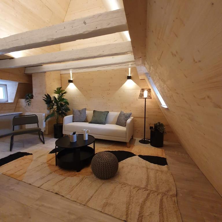 - un salon avec un canapé blanc et une table dans l'établissement Les appartements Hyper centre, à Strasbourg