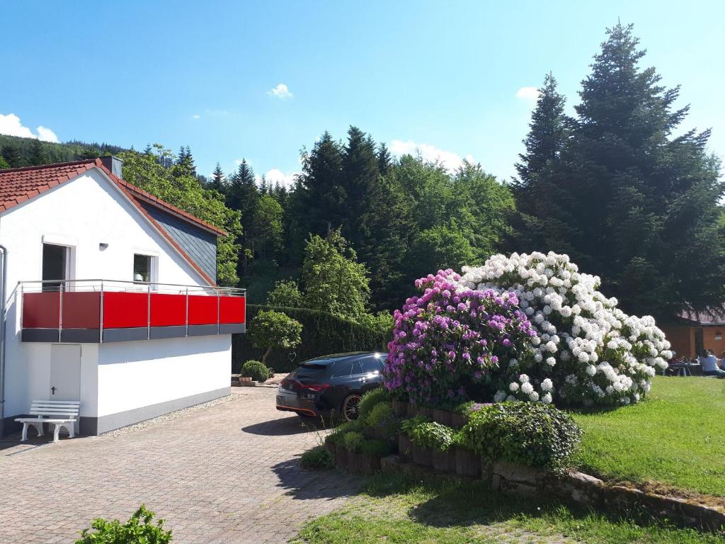 um arbusto de flores roxas e brancas ao lado de um edifício em Auszeit am Wildkatzenpfad em Bad Herrenalb