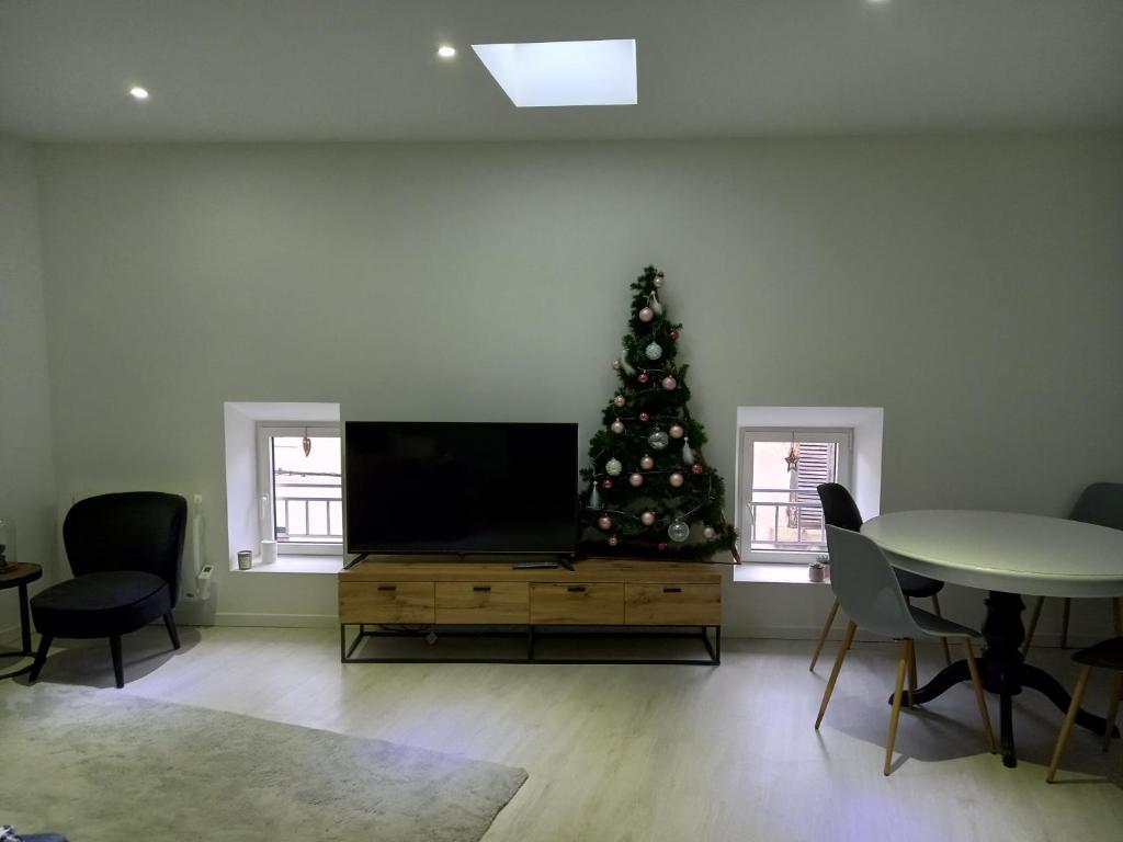 un salon avec un arbre de Noël et une télévision dans l'établissement Tres bel appartement, à Condrieu