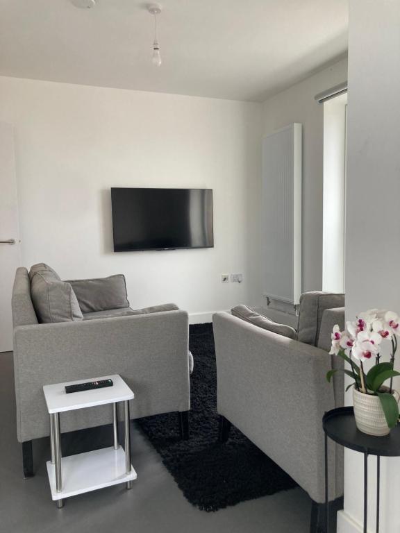 een woonkamer met 2 banken en een flatscreen-tv bij CASA DE' COLE' in Barking