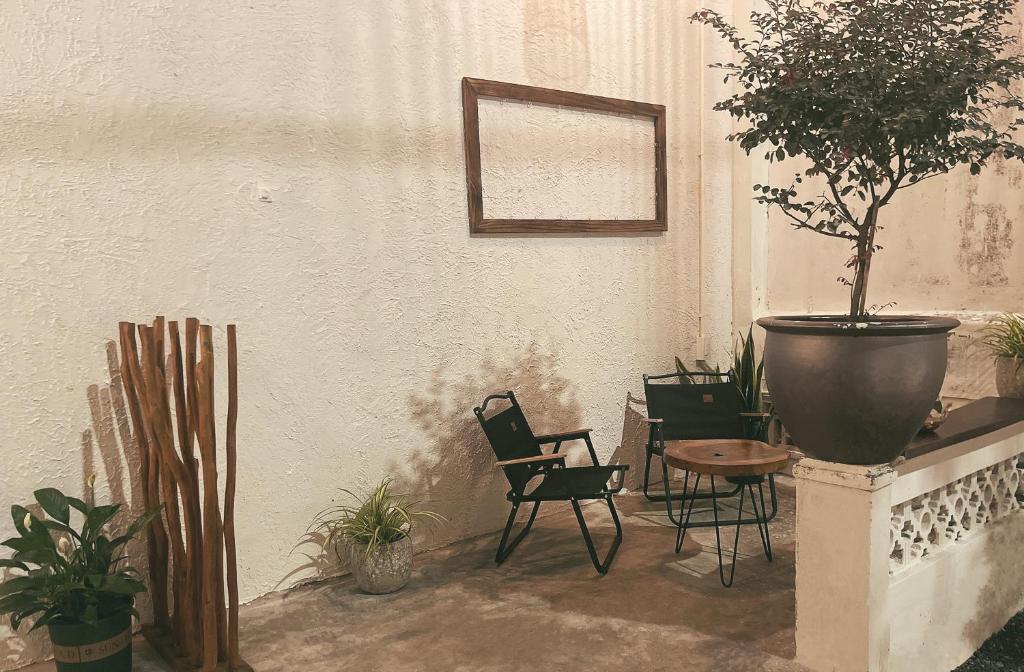una stanza con sedie e un albero in vaso su un muro di BabaHouse2 - Homestay TP Vinh, view sân vườn a Yên Dung (1)