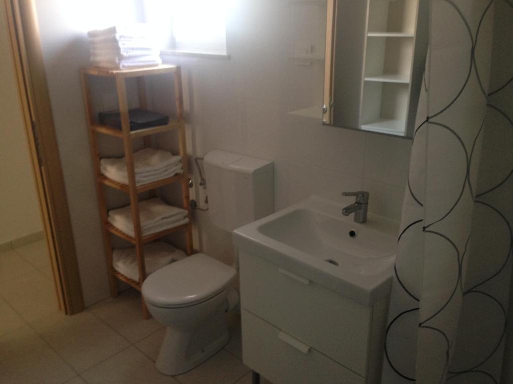 a bathroom with a white toilet and a sink at Villa Neka in Primošten