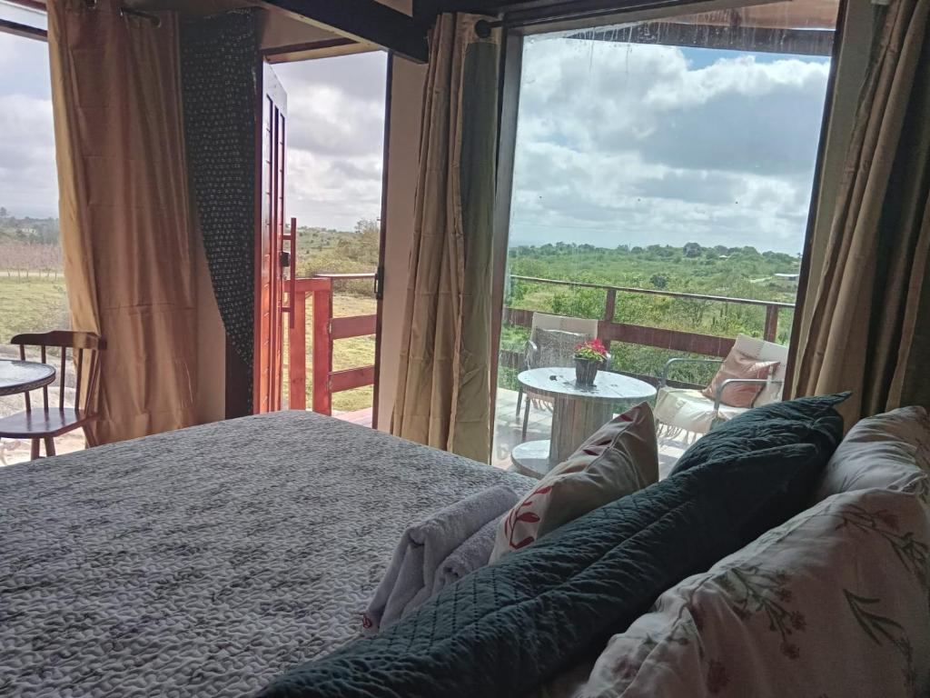 a bedroom with a bed and a large window at Chalé Adventure in Serra de São Bento