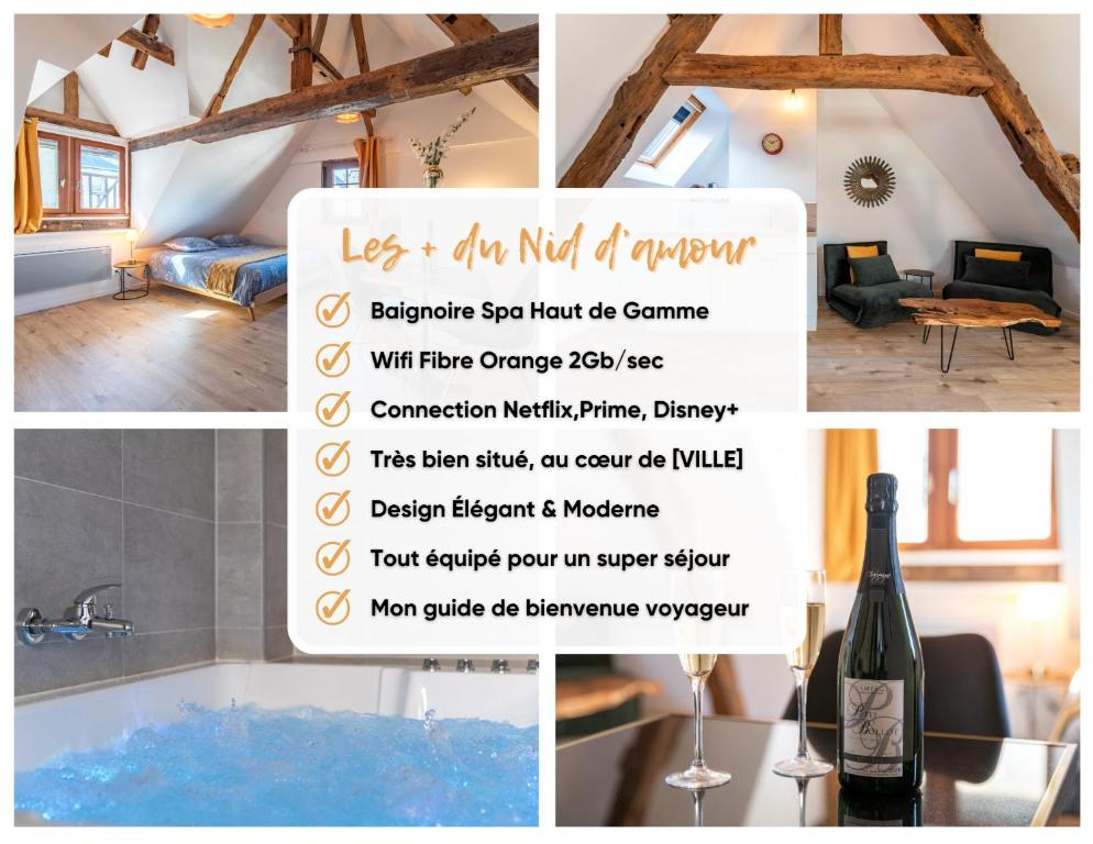 a collage of pictures of a room with a bottle of wine at Centre-ville le nid d'amour jacuzzi appartement in Rouen