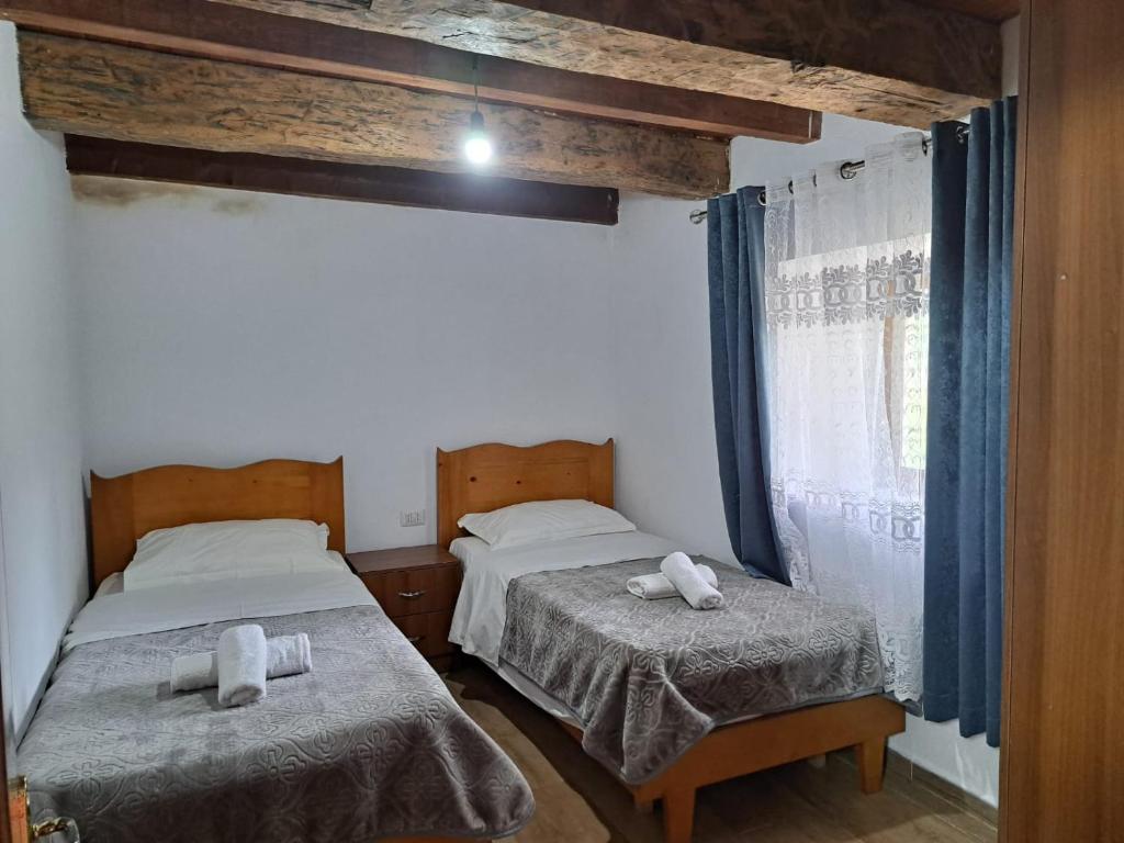 1 Schlafzimmer mit 2 Betten und einem Fenster in der Unterkunft Guesthouse Te Tata in Theth