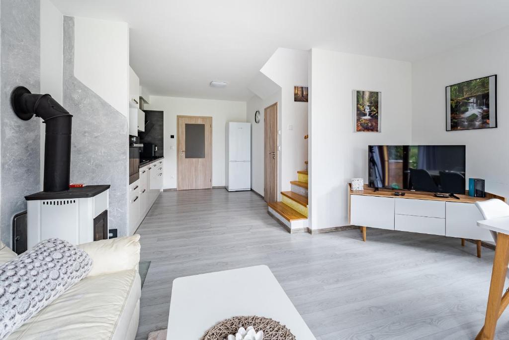 salon z kanapą i telewizorem w obiekcie Apartmán Jasmin w mieście Frymburk