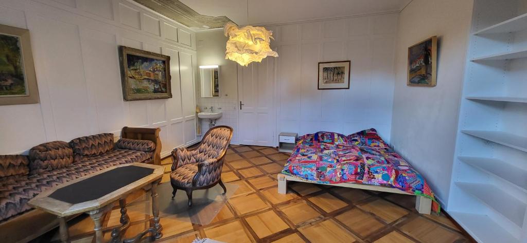 sala de estar con sofá y cama en Grosse Ferienwohnung im Herzen von Glarus, en Glaris