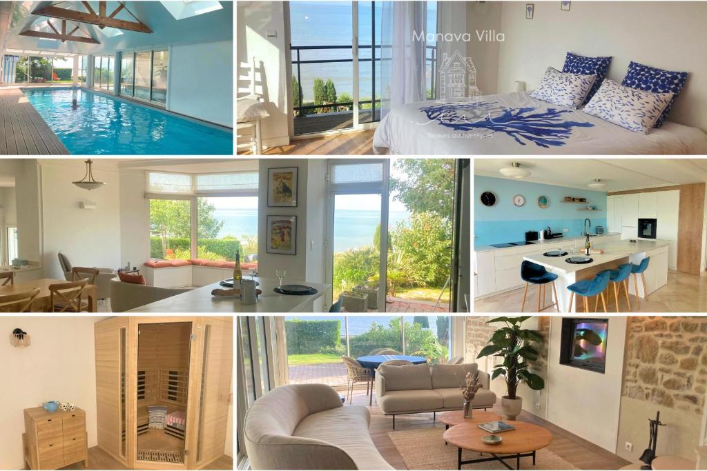 a collage of photos of a bedroom and a living room at Manava Villa vue mer et Mont Saint Michel piscine intérieure in Saint-Jean-le-Thomas