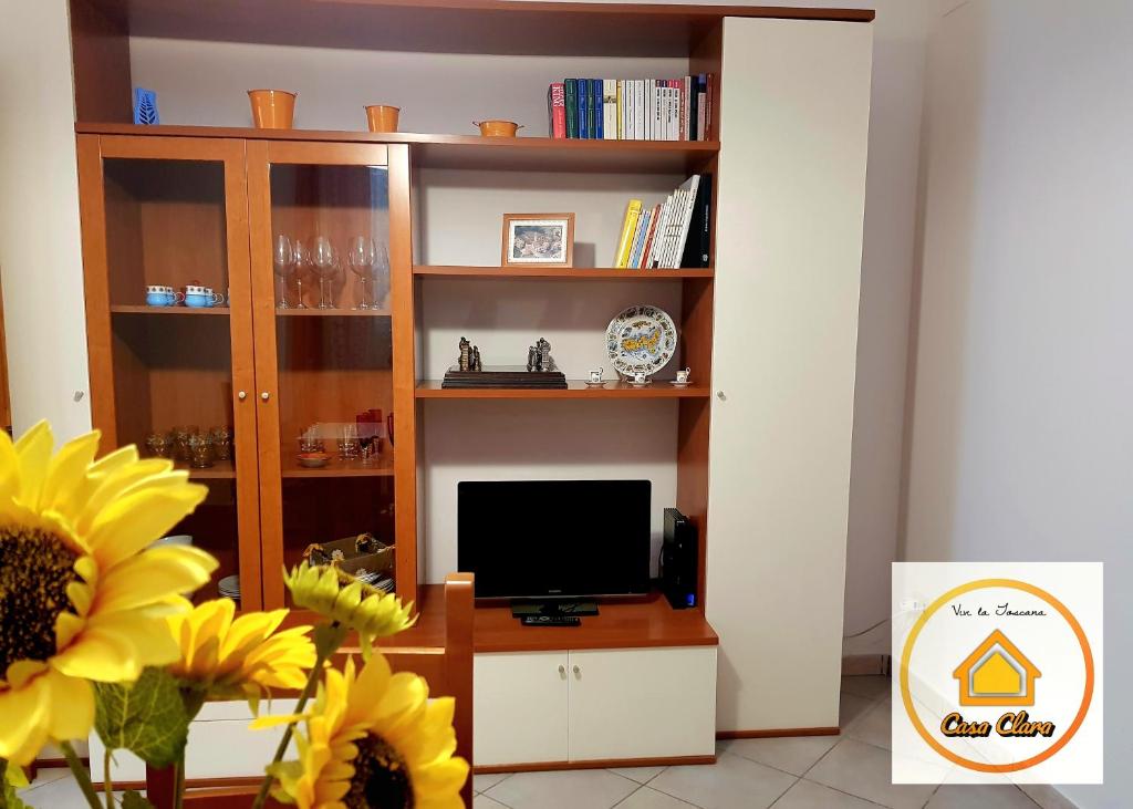 ein Wohnzimmer mit einem TV und einem Bücherregal in der Unterkunft Casa Clara in Cerreto Guidi