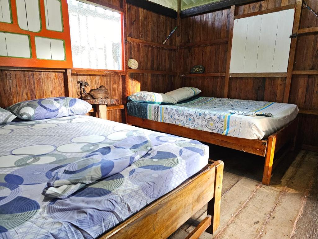 two beds in a room with wooden walls at Hostal Bahía Solano Herping in El Valle