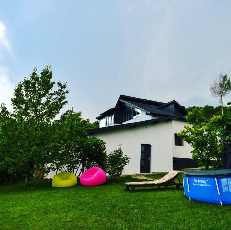 una casa con tre palle nell'erba davanti di UpForest Guesthouse a Călimăneşti